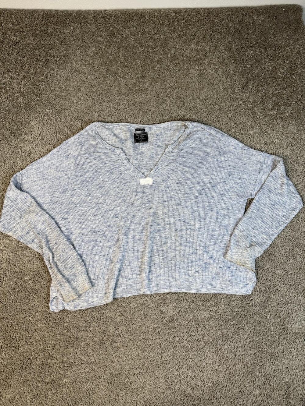 Abercrombie & Fitch Sweater Womens XL Blue Cropped V-Neck Open-Knit Pullover